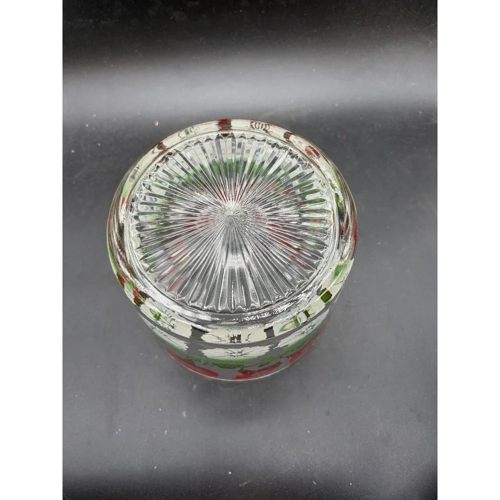 Vintage Red Morning Glory Floral Glass Ice Bucket Sunburst Base Mid Century